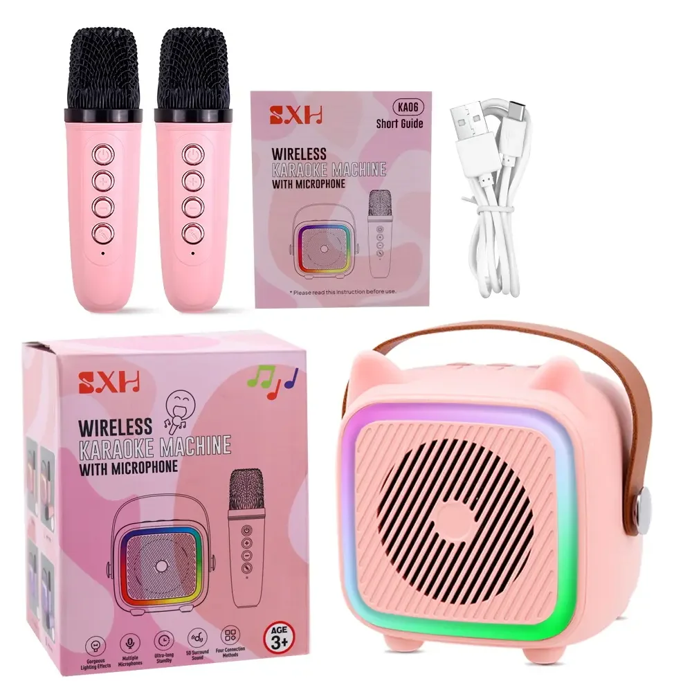 

Cute Cat Karaoke Machine Portable Bluetooth Speaker With 1-2 Wireless Mic HiFi Family Singing Loudspeaker Children's Gift