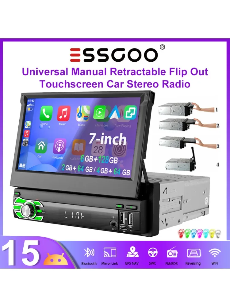 ESSGOO 7" Android15 4+64G 6+128G 2+64G Universal manuell ausfahrbarer Touchscreen Autoradio GPS Navigation WIFI RDS Bluetooth USB Type-C kabelloses CarPlay Android Auto Mirror Link Lenkradsteuerung