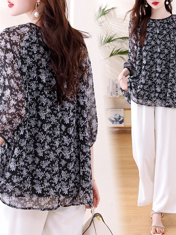 

Summer New Lightweight Breathable Comfortable Five-Sve Chiffon Printed T-irt Women's Loose plus Size Cover-Up Top
