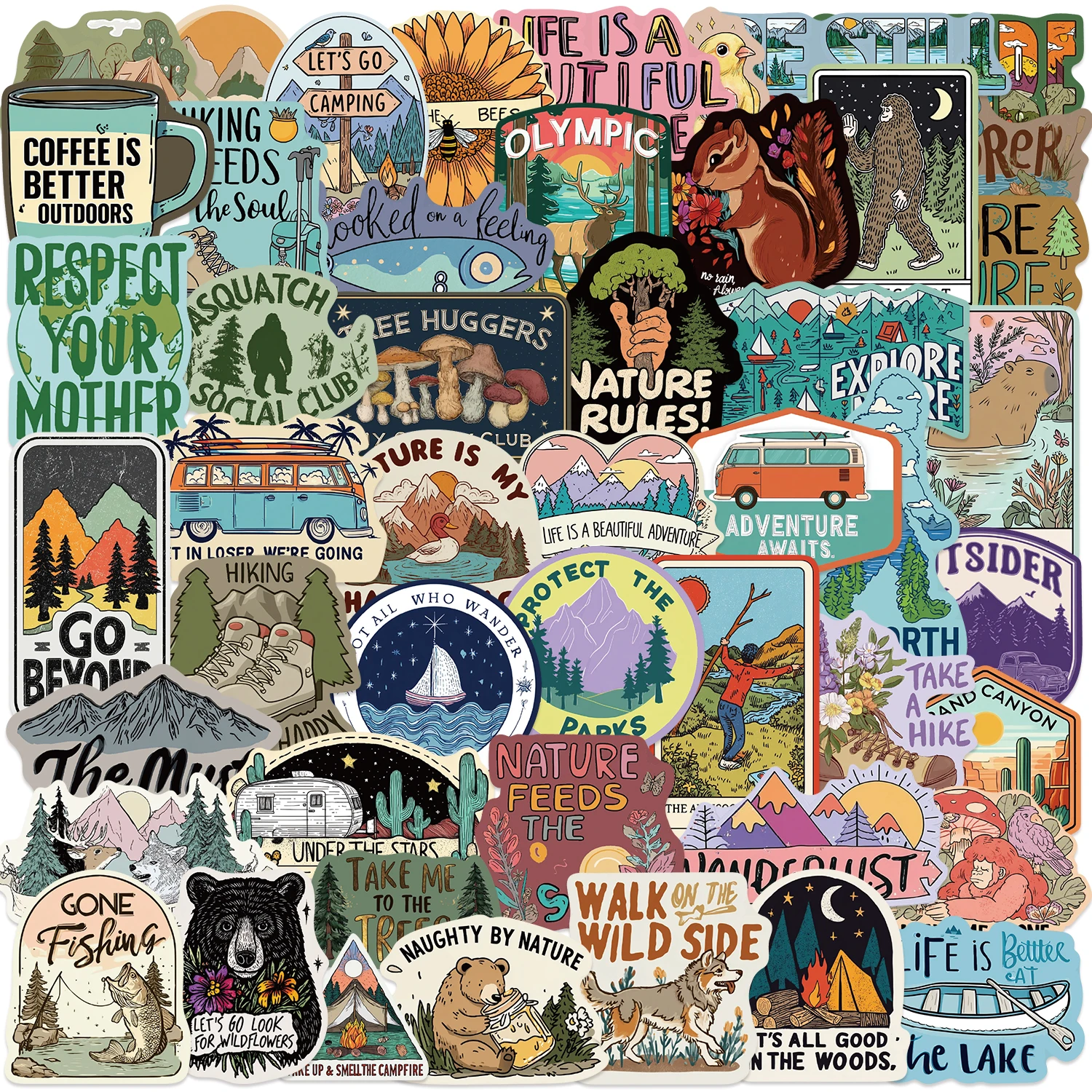 50 Stück Wilderness Natural Rules Aufkleber Outdoor Abenteuer Camping Wandern Aufkleber Laptop Handy Gepäck Coole Cartoon-Aufkleber