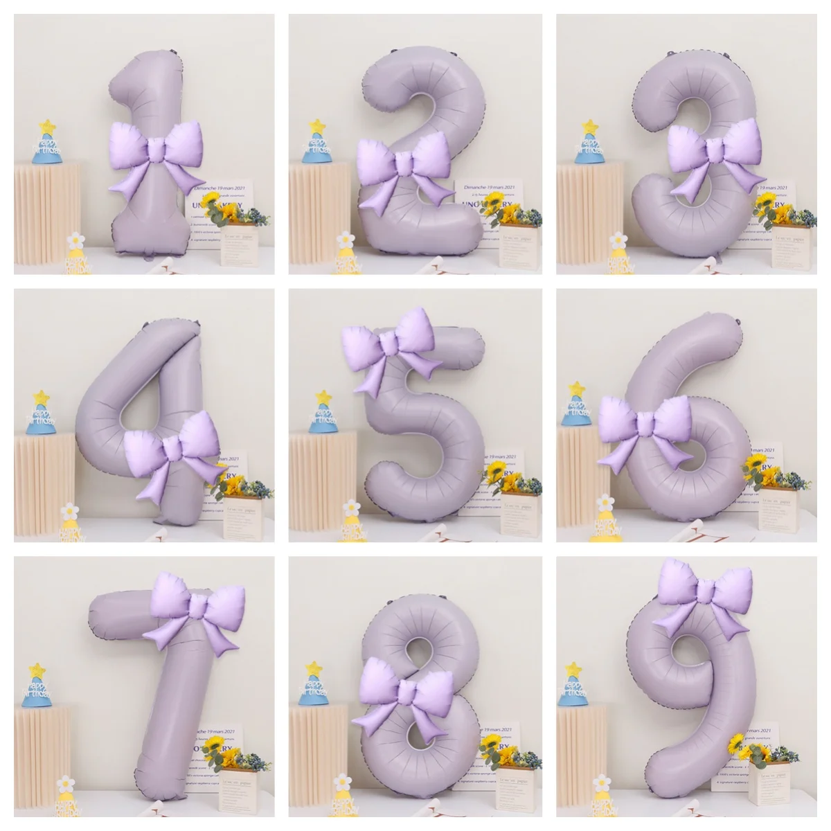 Juego de globos con números morados 0-9 Globo de película de aluminio con lazo morado para decoración de fiesta de cumpleaños y aniversario