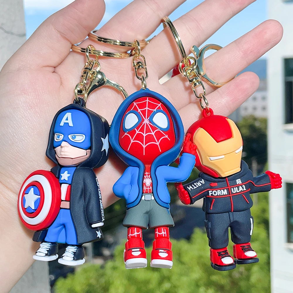 Marvel Spiderman Doll Silicone Keychain Avengers Superhero Iron Man Keyrings Men Car Pendant Key Holder for Backpack Accessories