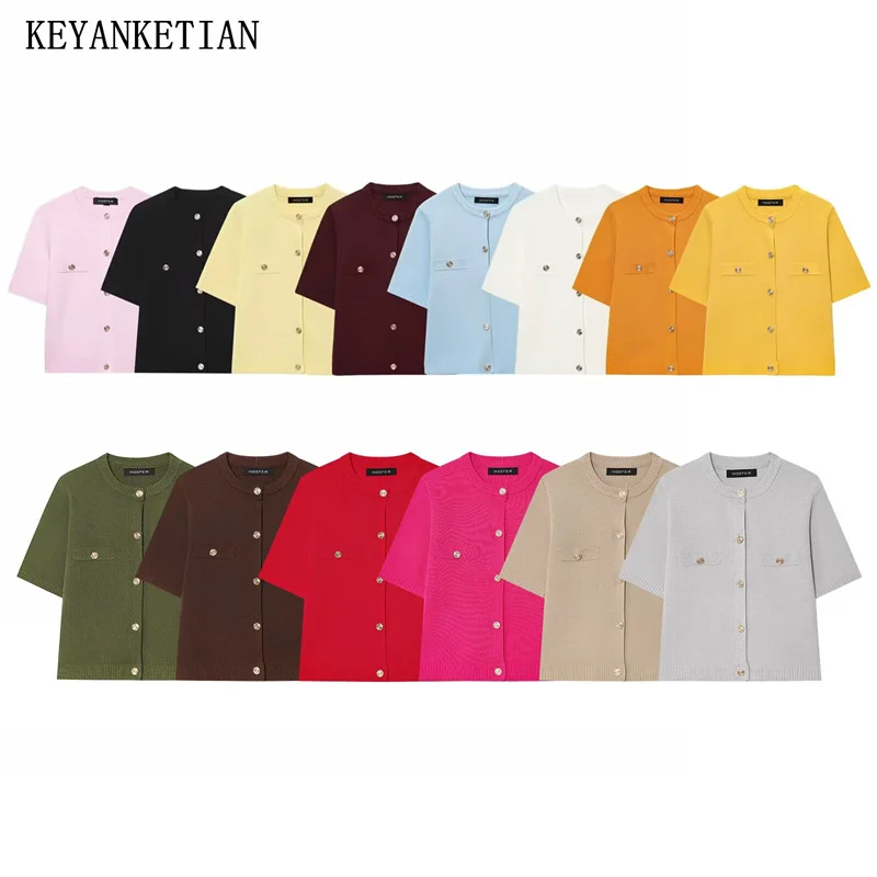 

KEYANKETIAN Summer New Women's Short Sleeved Round Neck Single Breasted Button Decoration Knitted Cardigan Women Coat Short Top