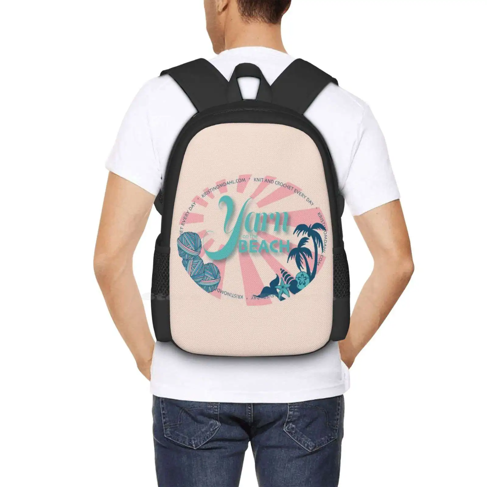 Yarn On The Beach 3D Print Design Backpack Student Bag Knitting Crochet Yarn Balls Kristin Omdahl