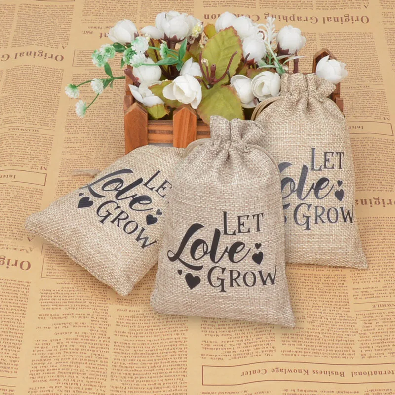 50pcs/lot 10*15cm Letters Printing Linen Pouches Drawstring Bag Bridal Wedding Birthday Party Gift Packaging Bags