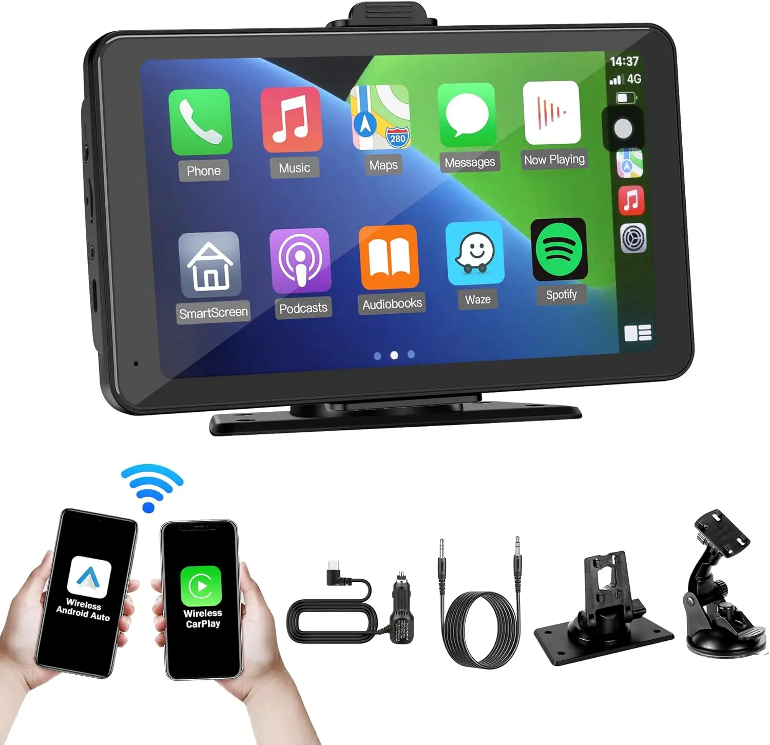 

7-футовый HD-экран CarPlay с беспроводным Android Auto, Bluetooth, FM, AUX, MirrorLink, автоматическим подключением — портативная автомобильная стереосистема для всех Vehi