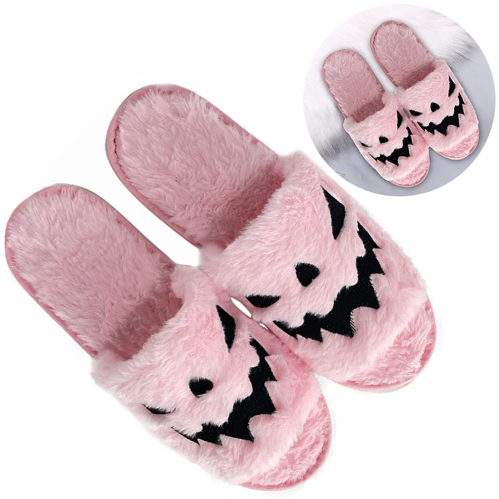 Halloween Spooky Slides Anti Slip Pumpkin Slippers Slip On Plush Slippers EVA Sole Household Slippers for Home Indoor