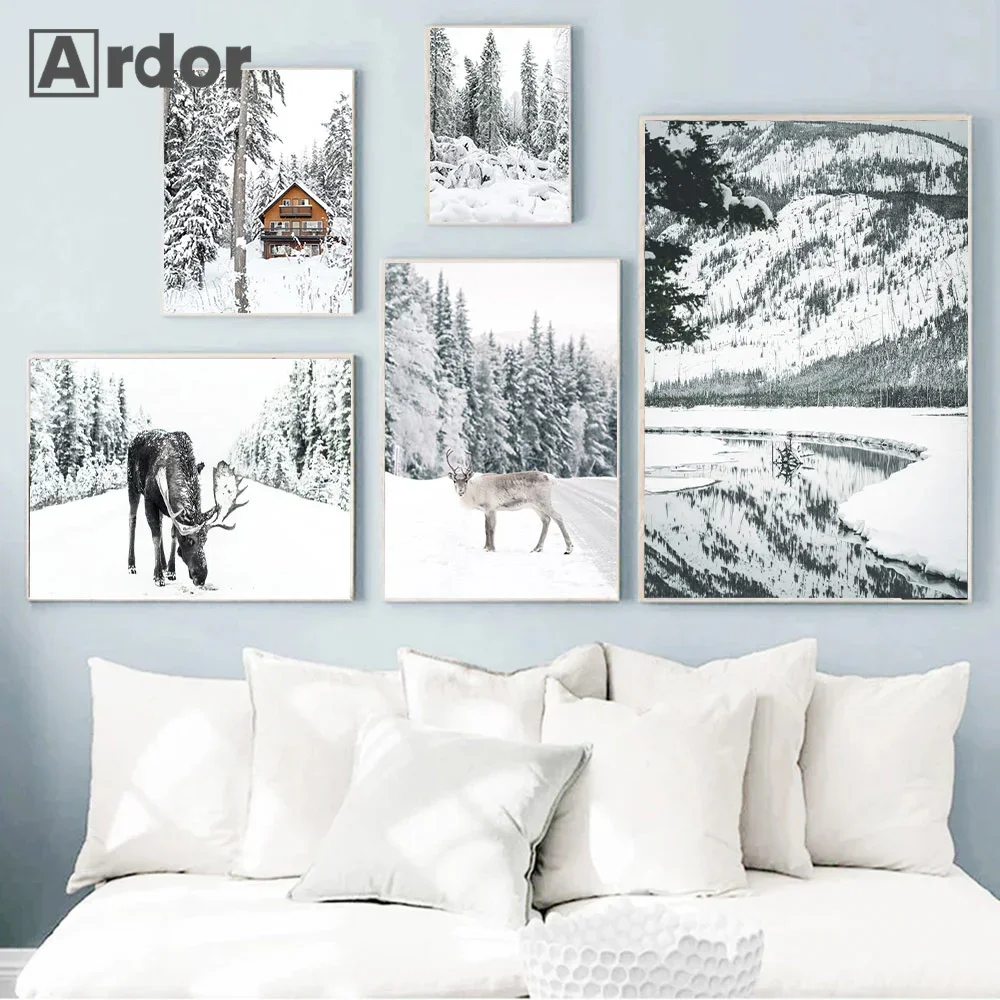 Winter Snow House Forest Deer Landscape Posters Canvas Painting Nordic Wall Art Print Pictures For Modern Living Room Home Decor