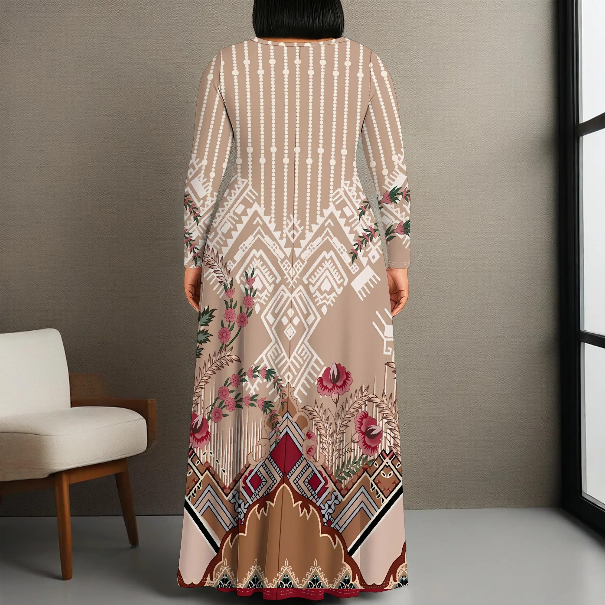 Nupusa Geometric Floral Print Dress for Women Regular Size Casual Round Neck Long Sleeve Maxi Dress