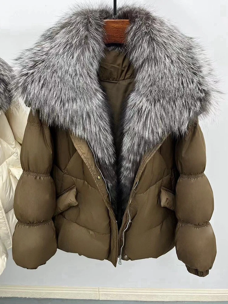 여성 푸퍼 코트 파카 신상 겨울 리얼 천연 폭스 퍼 칼라 다운 재킷 화이트 구스 다운 재킷 캐주얼 두꺼운 따뜻한