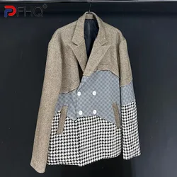 PFHQ Khaki Pattern Single-sided Woolen Coat Jacket 2024 New Style Splicing Double Breasted Contrast Color Male Tops 21Z5857