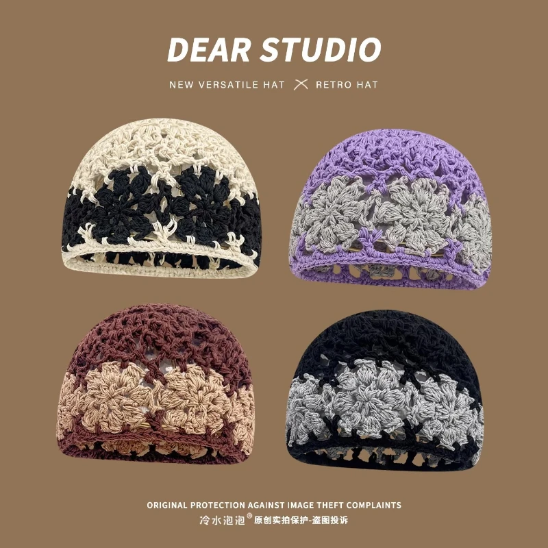 

Корейская модная вязаная крючком шапка-бини ручной работы с контрастными цветами для женщин, весна-осень, для путешествий, универсальная, из хлопка