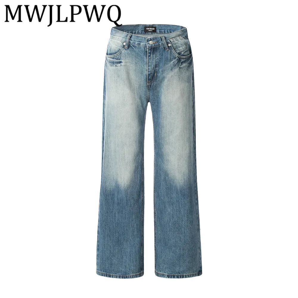 MWJLPWQ Kleurblok Spray Paint Washed Denim Rechte broek Heren High Street Amerikaanse INS Casual jeans Wijde pijpen broek 12321