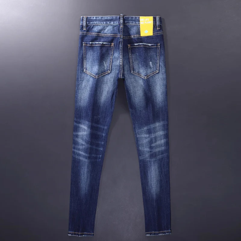 Fashion Designer Men Jeans High Quality Retro Blue Elastic Stretch Slim Fit Ripped Jeans Men Vintage Trousers Brand Pants Hombre