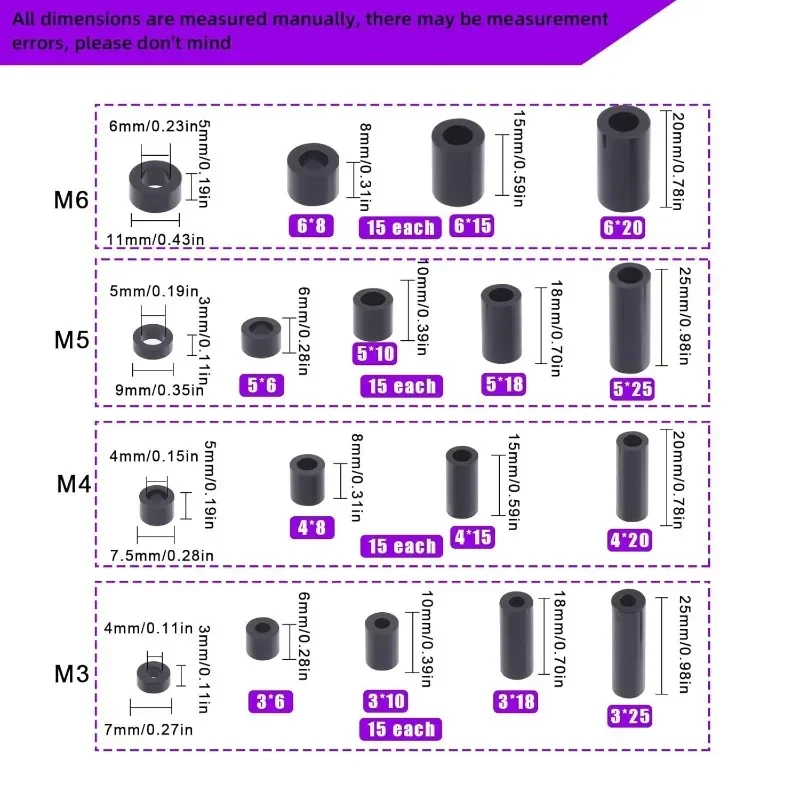 270Pcs Black Nylon Round Standoff Assortment Kit, Plastic Spacer Screw Nut Set for M3 M4 M5 M6 PCB Circuit Board Mounting