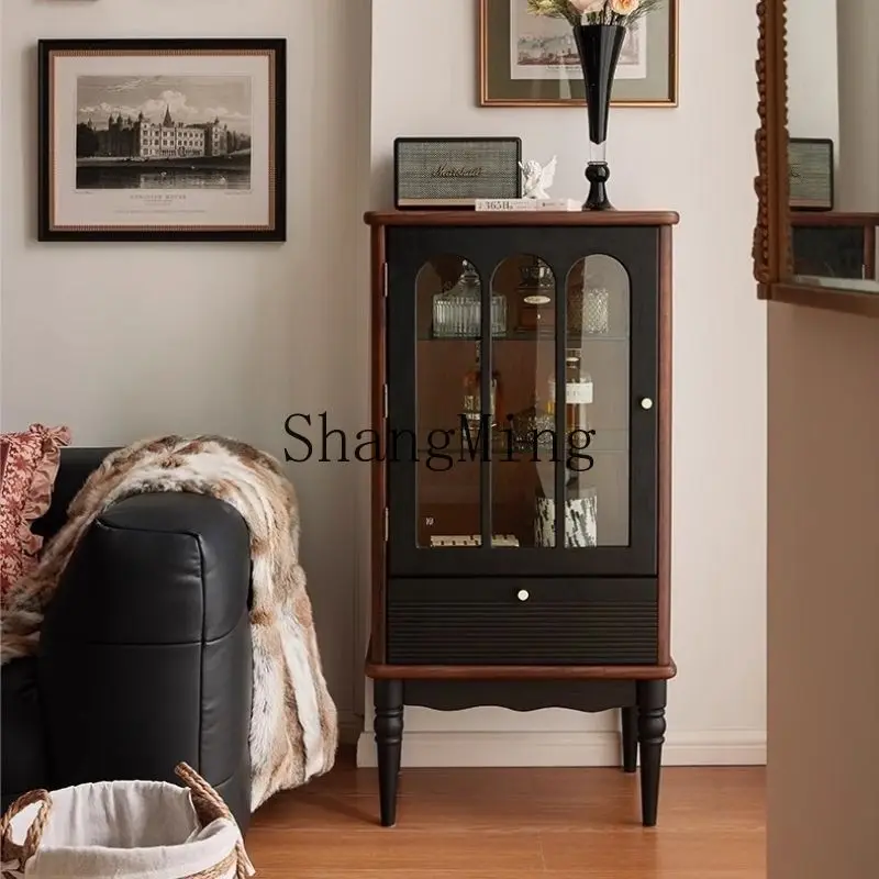 

FG retro solid wood coffee table TV cabinet black living room storage floor locker