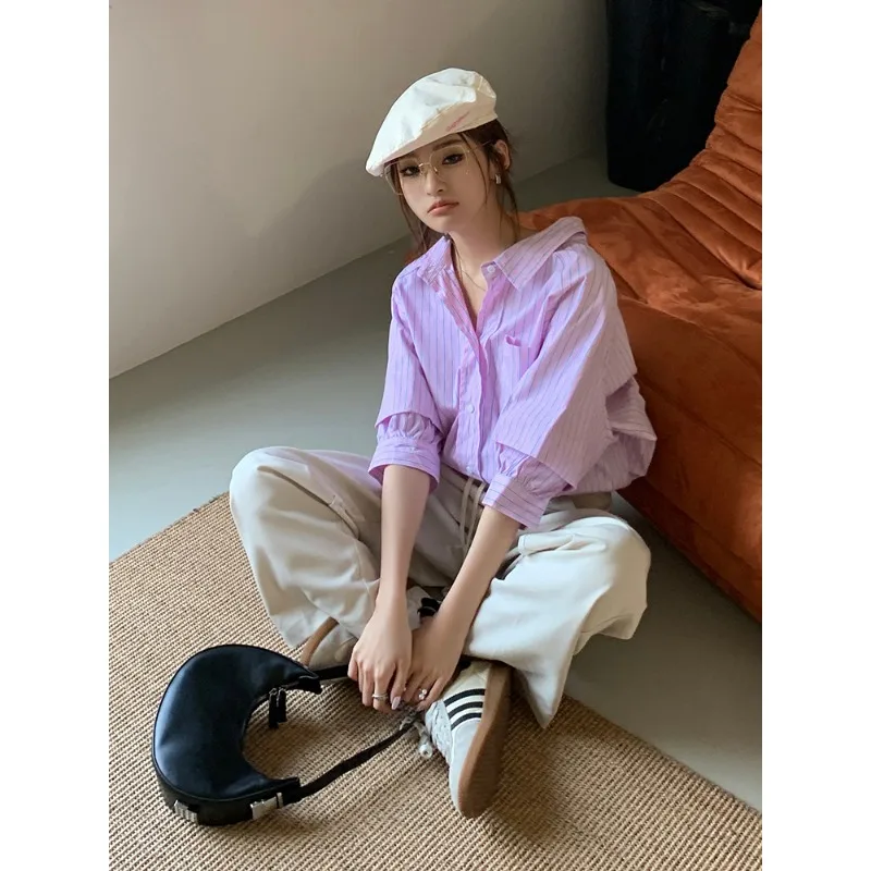 Dames College-Stijl Sweet Shirt Westerse Stijl Gestreept Casual Shirt Met Korte Mouwen, Losse En Zachte Stijl Revers Top Trendy Slank