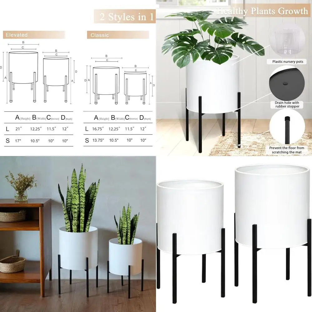 

Набор из 2 современных декоративных горшков с подставкой, большие металлические горшки для внутреннего или наружного использования, 10,5 и 12,25 дюйма, белый