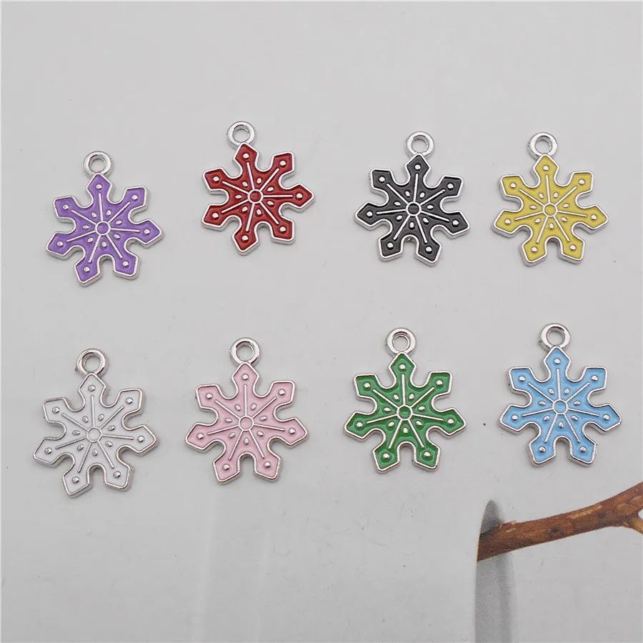 8PCS Enamel Christmas Snowflake Charms Zinc Alloy Handmade Xmas Decor Necklace Pendant Bracelet Earrings Jewelry Accessory