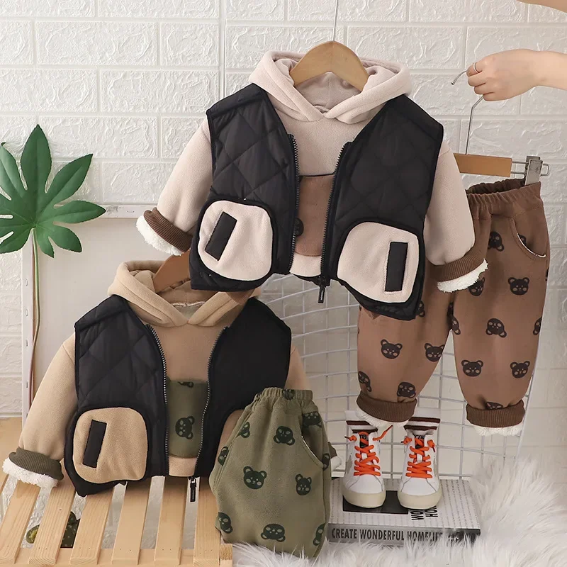 

New Winter Baby Boys Clothes Suit Children Thick Warm Vest Hoodies Pants 3Pcs/Sets Kids Girls Clothing Infant Cartoon Costume