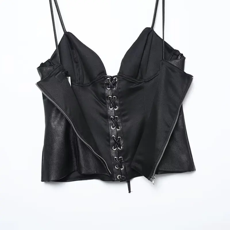 เสื้อครอปทรงเข้ารูปสไตล์สาวเปรี้ยว แต่งโบว์หนังเทียม สายเดี่ยว เซ็กซี่ สำหรับฤดูใบไม้ผลิและฤดูใบไม้ร่วง เสื้อผ้าผู้หญิง