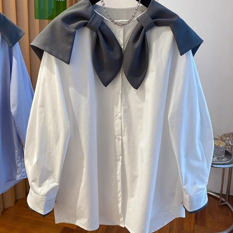 

﻿ Bow Large Turndown Collar Shirt Men Women Spring Autumn Loose Casual Long Sleeved Blouse Korean Loose Single Breasted Top