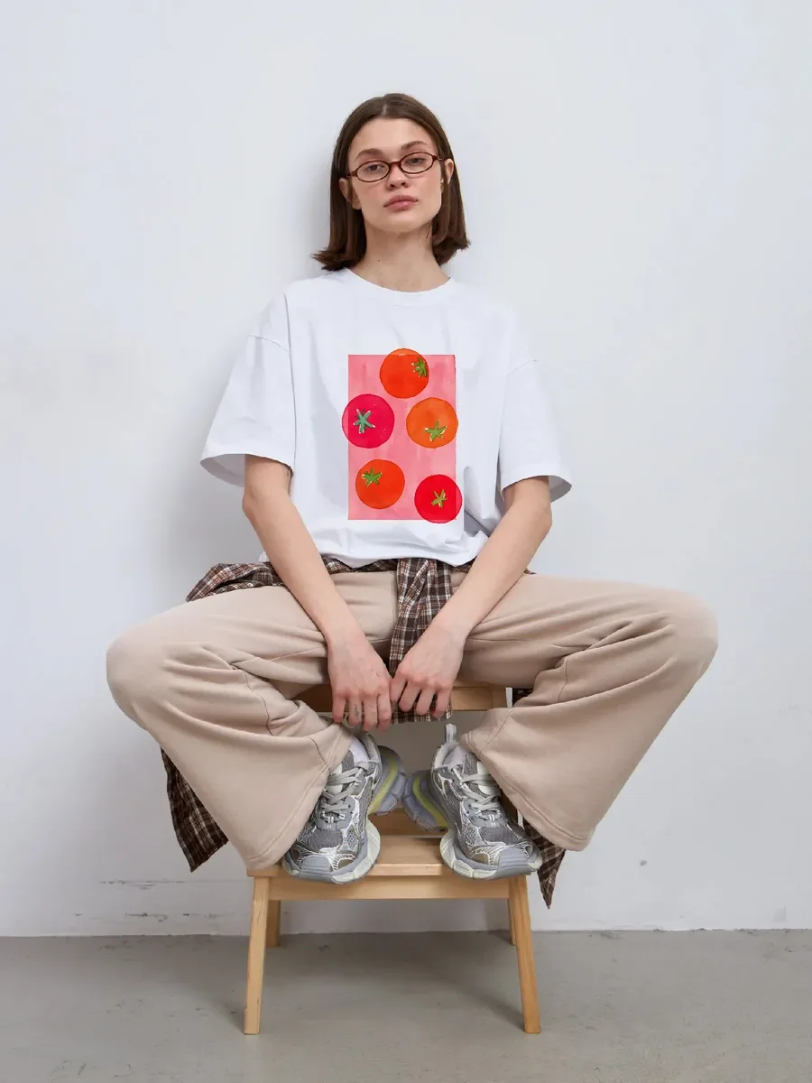 تي شيرت فني - تي شيرت برسومات الطماطم المائية - قميص أبيض أنيق كبير الحجم مصنوع من القطن بنسبة 100% لعشاق الفن وعشاق النمط المنعش #3