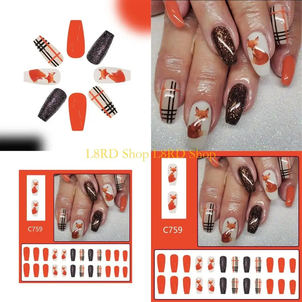 

L8RD День Благодарения Пресс на ногтях Милые лисы Разработанные накладные ногти Акриловые ногти Полное покрытие Наклейка на 24