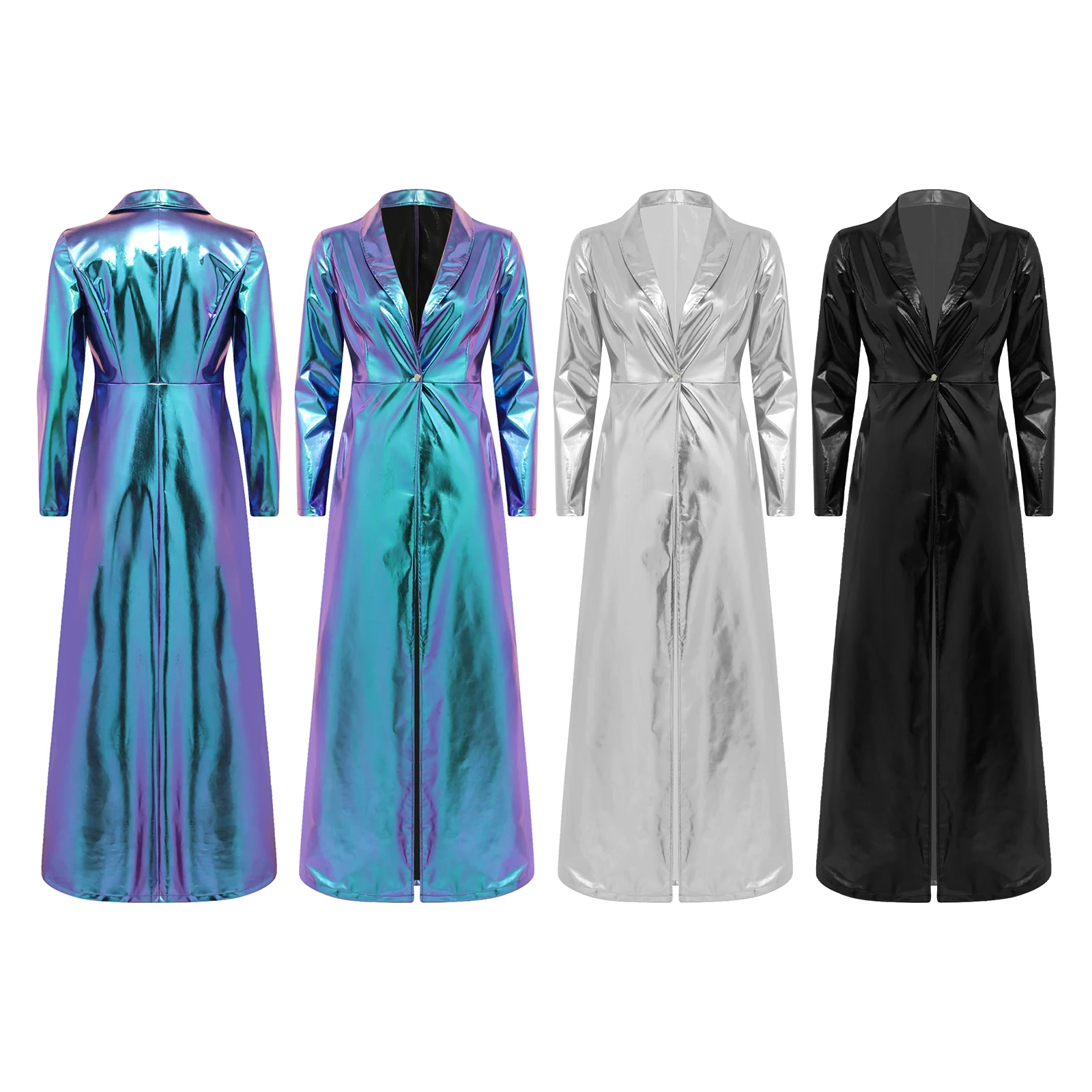 Women Metallic Shiny Jazz Rock Trench Coat Long Sleeve Lapel One Button Jacket Overcoat Clubwear Circus Magic Show Outerwear