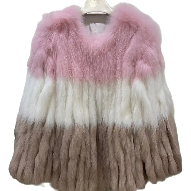 

2023 Women Winter Colorful Contrast Color Real Fox Fur Thick Warm Real Fox Fur Strip Sewed Together Winter Loose Overcoat