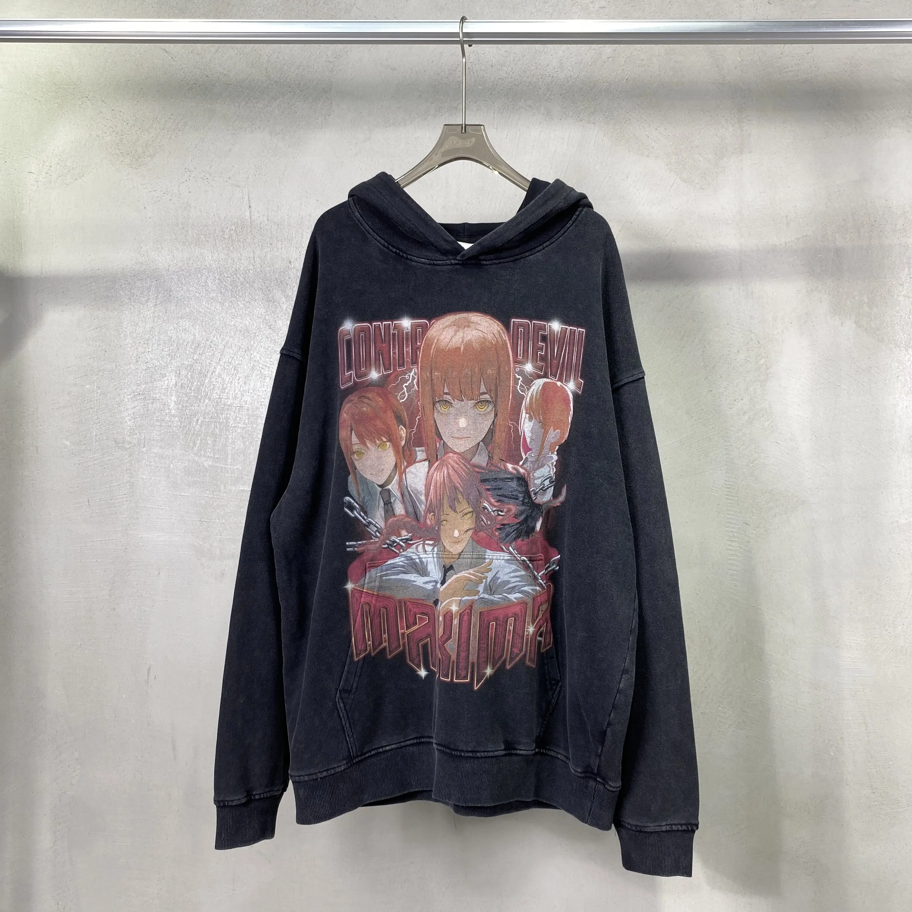 Men Washed Sweatshirt Oversized Cotton Hoodies Vintage Anime Girl Print Harajuku Sweatshirt Hip Hop Autumn Black Hoodie