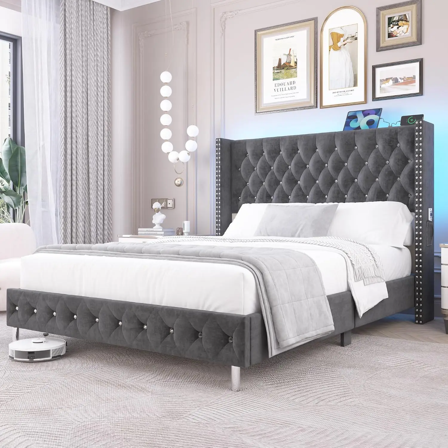 Queen Upholstered Bed Frame LED Wingback Headboard Velvet Tufted USB Ports Storage Pocket Lights Wood Slats Grey, Customized