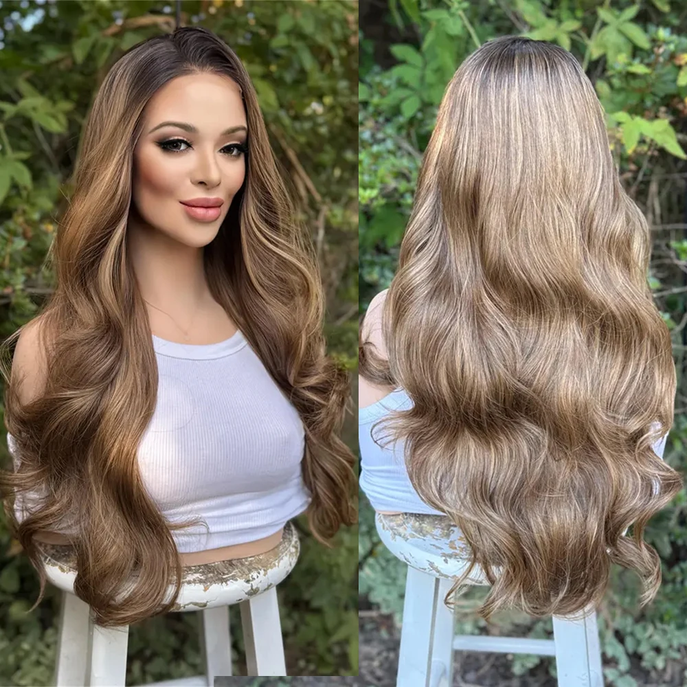 

Коричневый Медовый Блондин Выделенный Бесклеевой Парик для Женщин Парик Фронта Шнурка Синтетическое Волокно Futura Свободные Глубокие Волны Брюнетка Коричневые Волосы