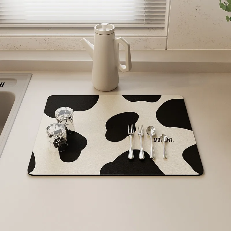 

Cream Style Kitchen Drainage Mat Cow Patterned Diatomaceous Earth Hand Washing Table Absorbent Mat Bowl Plate Insulation Mat