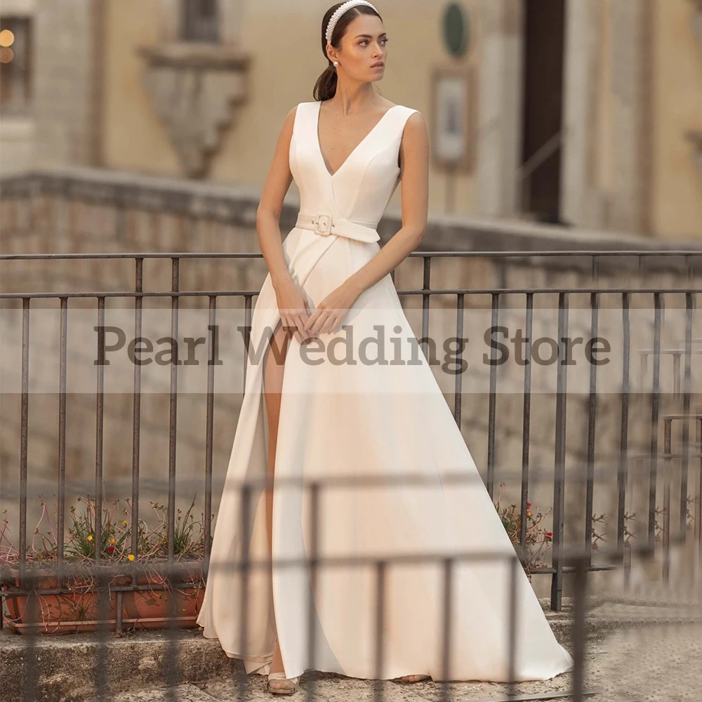 Abito da sposa semplice scollo a v senza maniche con cintura lunghezza del pavimento fessura classica in raso abiti da sposa Marring Multi Size personalizzabile