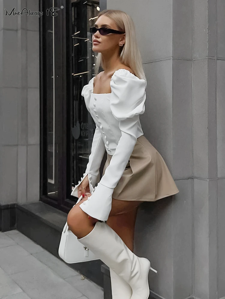 Mnealways18 High Street Women White Sexy Button Shirts Lantern Sleeve Ruched Female Blouses And Tops Spring 2024 Slim Cropped