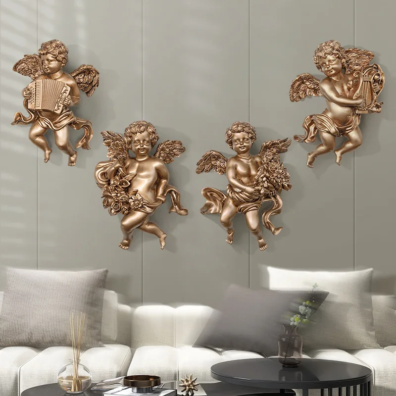 Vintage Angel Wall Decor 2Pcs Resin Cupid Figurine White Gold European American Style Wall Ornament Home Art Decoration