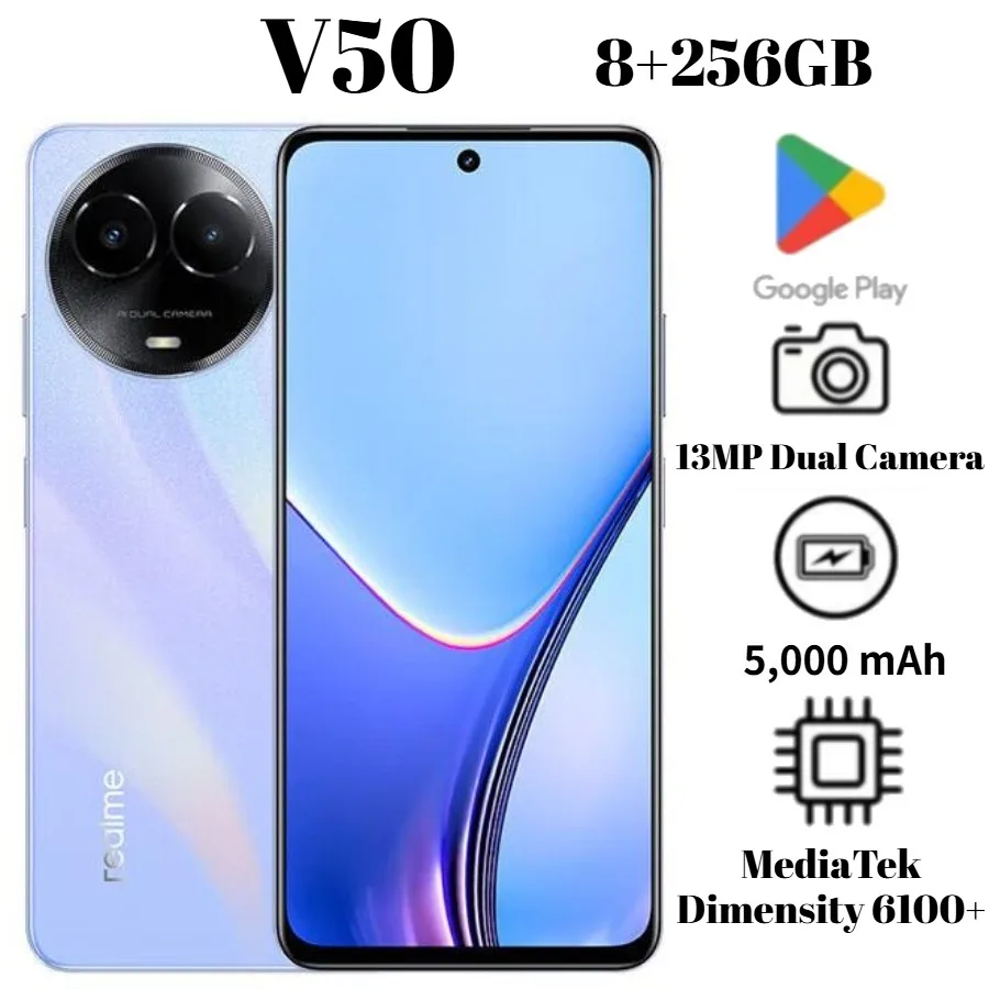 2026 Newest Model Realme V50 5G Smartphone 8GB RAM 256GB ROM, 6.72 Inch 120Hz LCD Screen, 5000mAh Battery 18W Charge, 13MP Camer