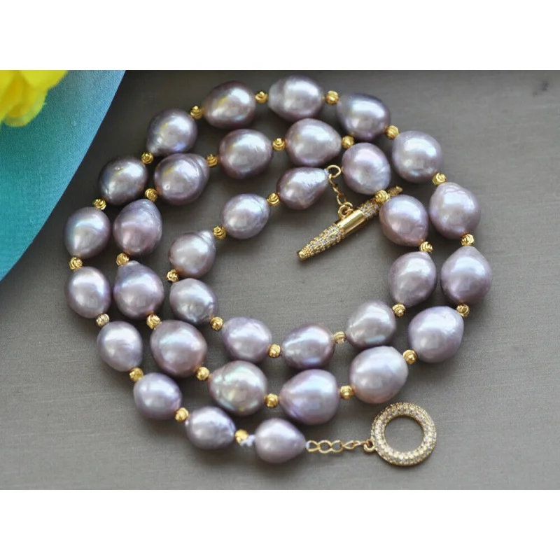 20inch 12mm Almost round Lavender Edison Keshi Pearl Necklace CZ