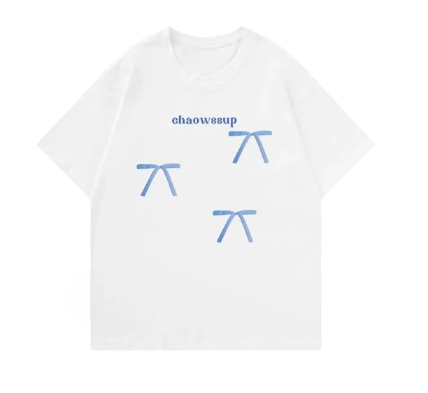 

2025 модная футболка унисекс из 100% чистого хлопка Chaows8up с буквенным принтом и синим бантом, повседневная футболка с коротким рукавом и принтом