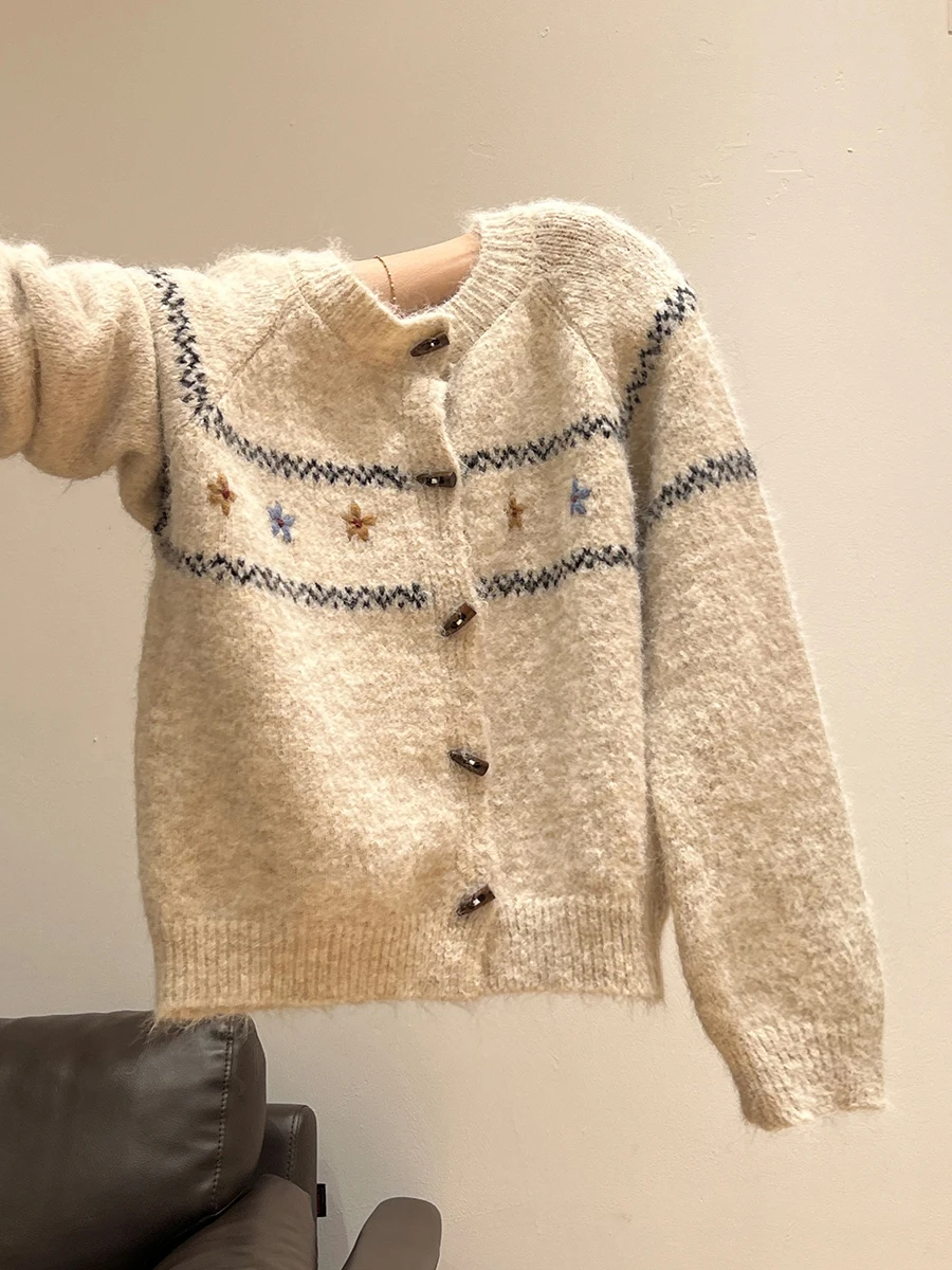 

Вязаный свитер в стиле ретро на пуговицах Fair Isle, женское свободное пальто Lazy Feel, осень-зима, длинное свековое круглое Ne с застежкой на одной пуговице