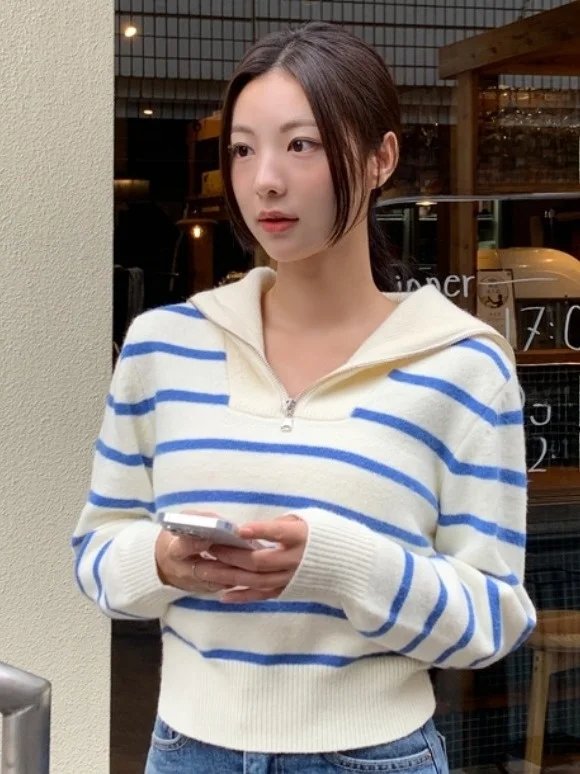

Chic Vintage Navy Collar f Zip Soft Cozy Long Sve Striped Knitwear Women's Slimming Versatile Spring Commute Sle