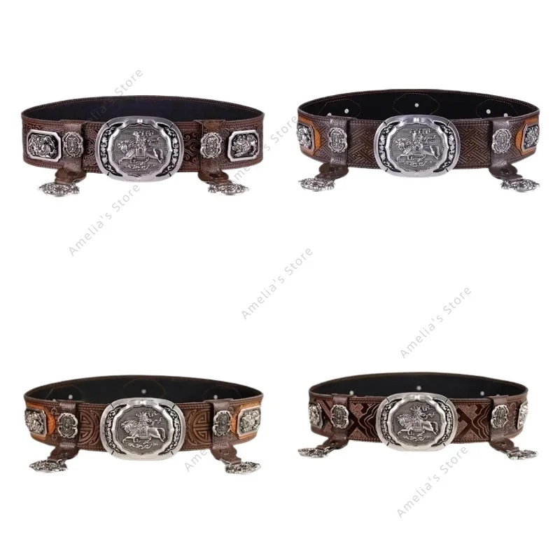 

Handmade Mongolian Genuine Leather Belt for Men Flying Horse Buckle Waistband Traditional Costume Accessories Ethnic Design
