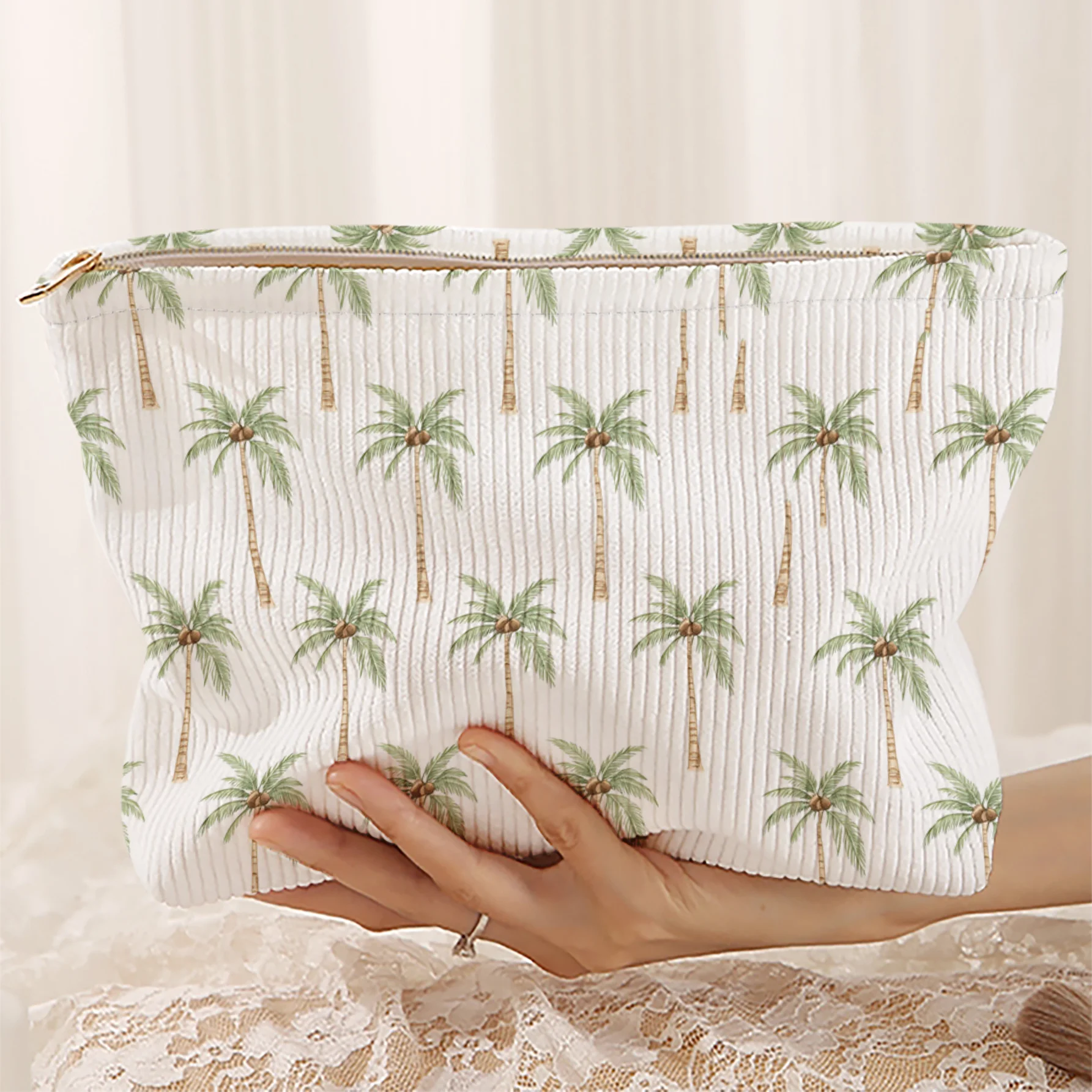 Makeup Bag Palm Tree Pattern 2D Print Friendly Corduroy Fabric Resistant Versatile for Business Trips/Travel/Vanity Organization
