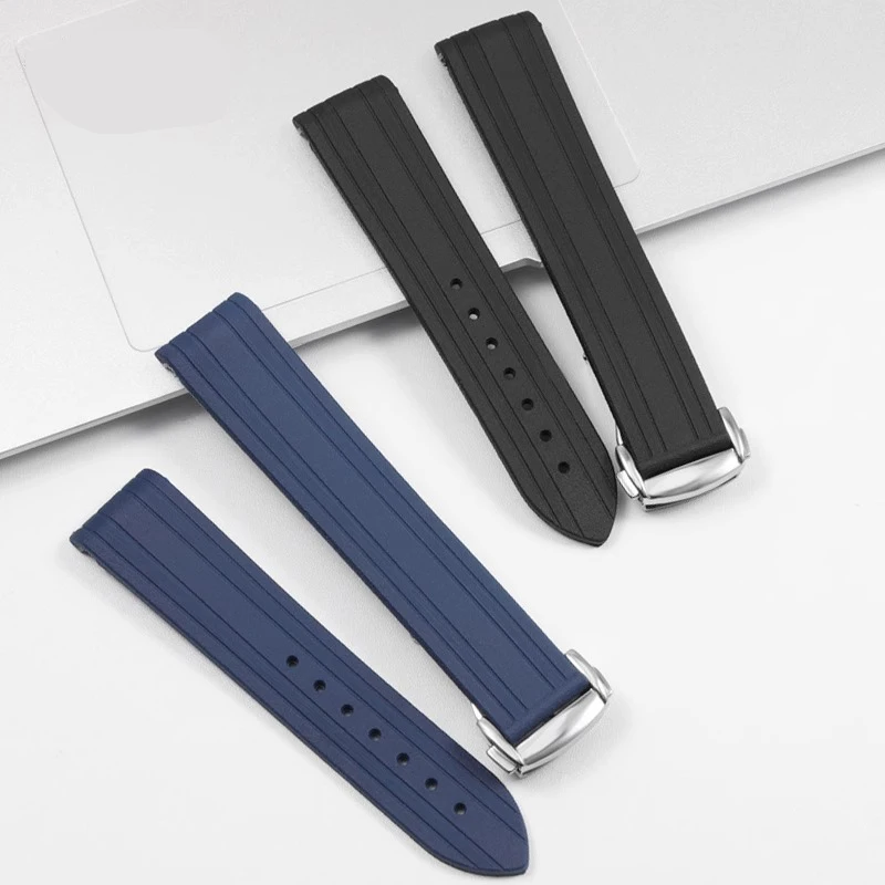 

For Omega Seamaster 300 curved mouth silicone rubber watch strap diving bracelet 20mm black blue with Folding buckle