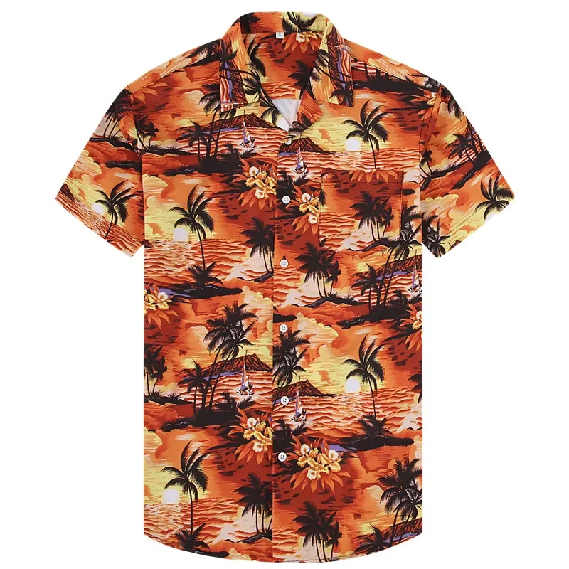 

New Hawaiian Men Printed Shirt Summer Short Sleeve Casual Button Down Coconut Palm Beach Shirt Regular Fit USA Size S-2XL