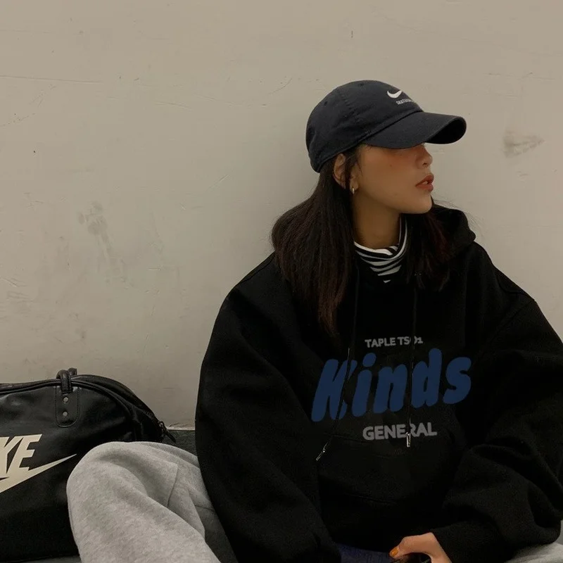 Women All-match Hoodies Vintage Long-sleeved Female Pockets Draw String Hoodies Leisure Fashion Autumn College Sweatshirts