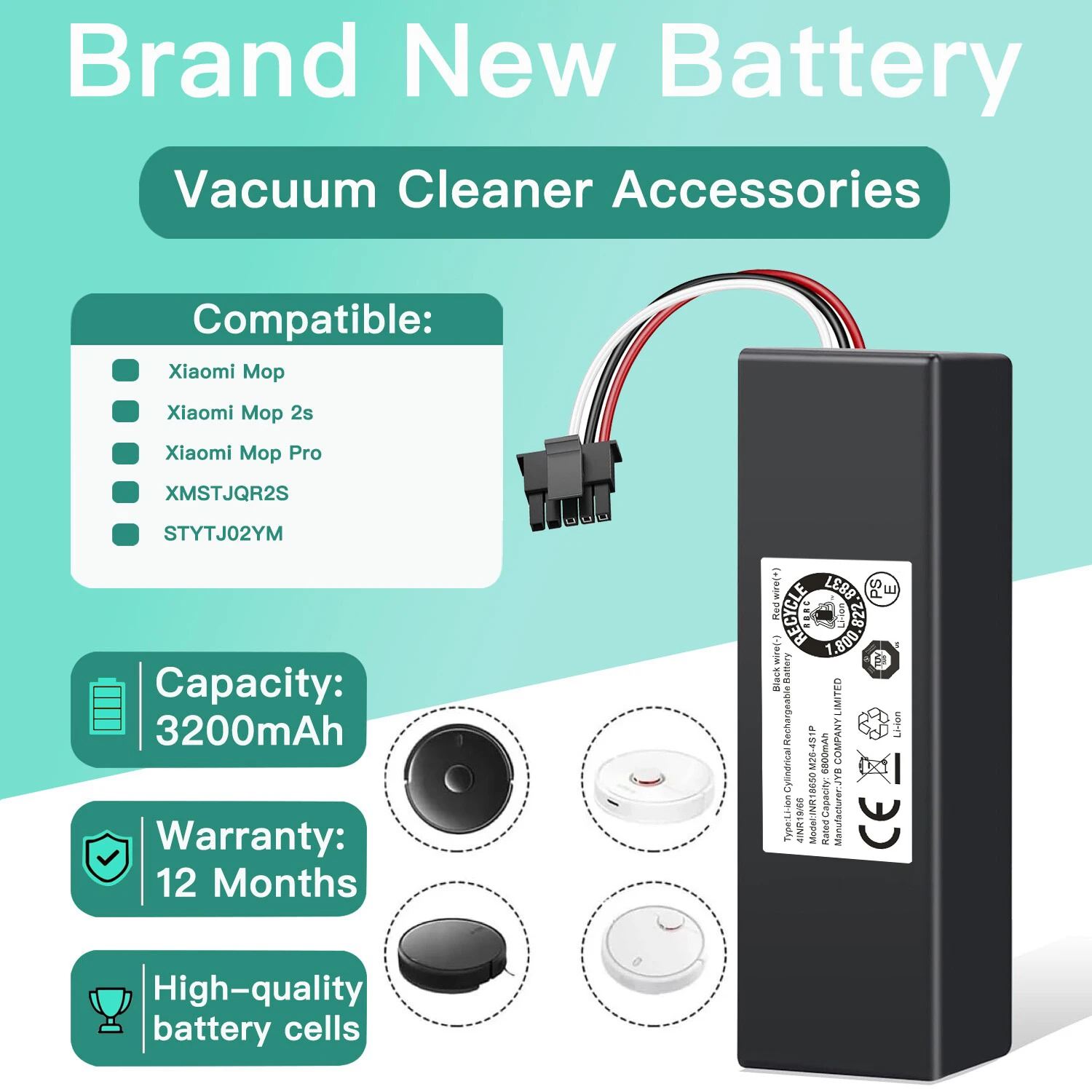 

High Capacity 12800mAh 14.4V Li-ion Replacement Battery for Conga 3290 3390 3490 3590 3690 3790 3890 Robot Vacuum