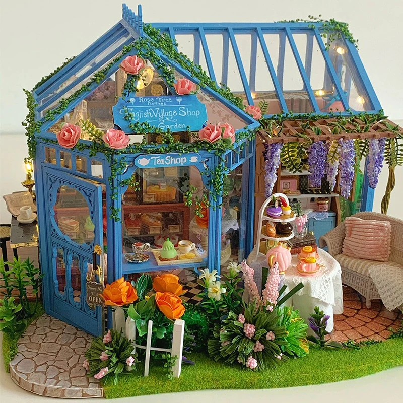 DIY de madera rosa patio flor cabaña casas de muñecas kits de modelos en miniatura casa de muñecas con muebles para amigos regalos de cumpleaños