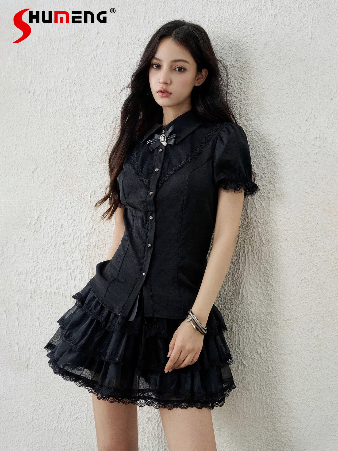 

Preppy Style Subculture Sweet Cool Girl Versatile JK Black Blouse Polo Neck Bow Short Sleeve Single Break Slim Shirt Tops Women